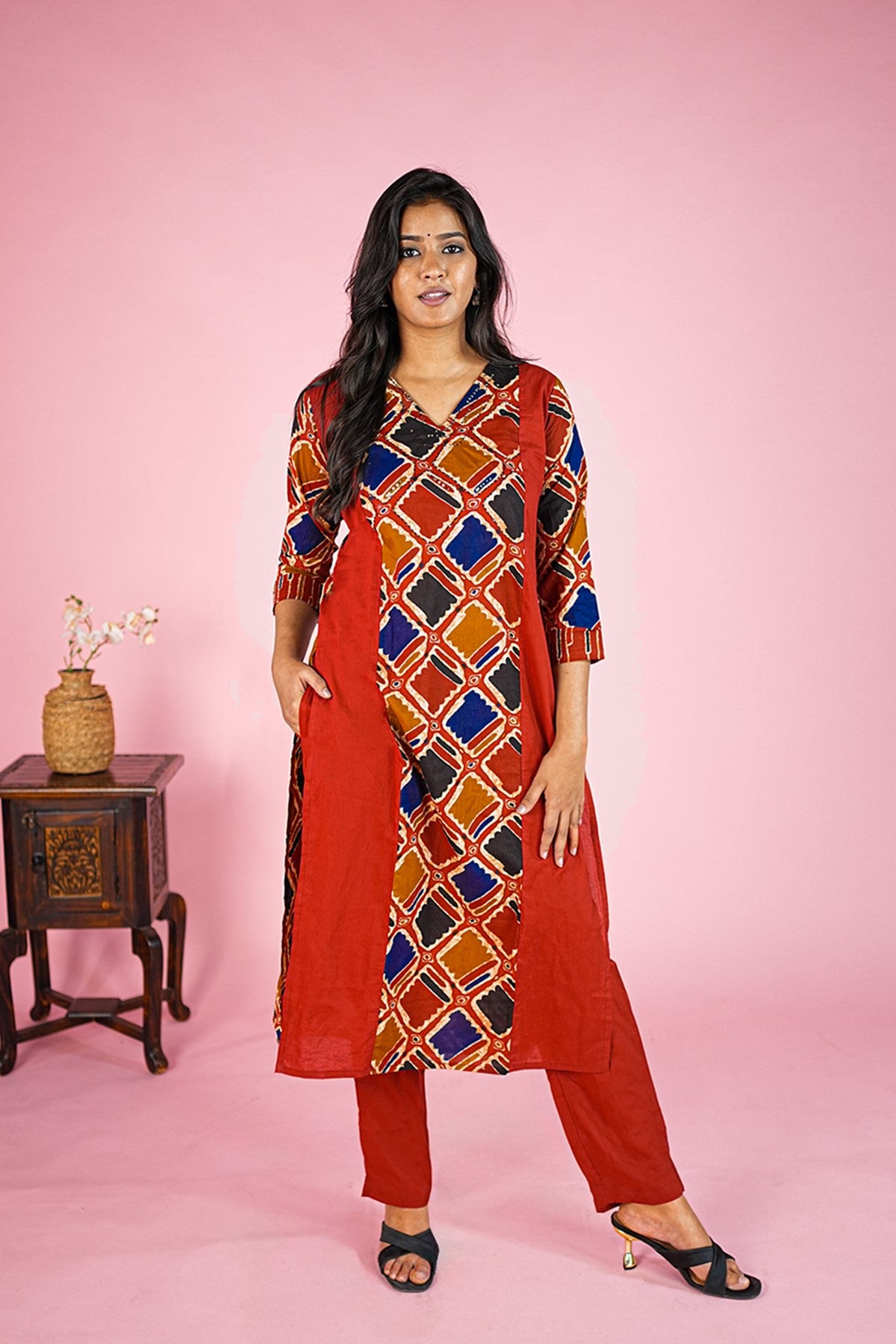 Cotton Printed Maroon Kurti Set