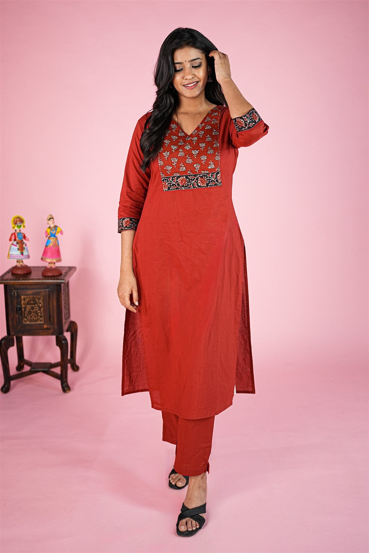 Cotton Printed Maroon Kurti Set