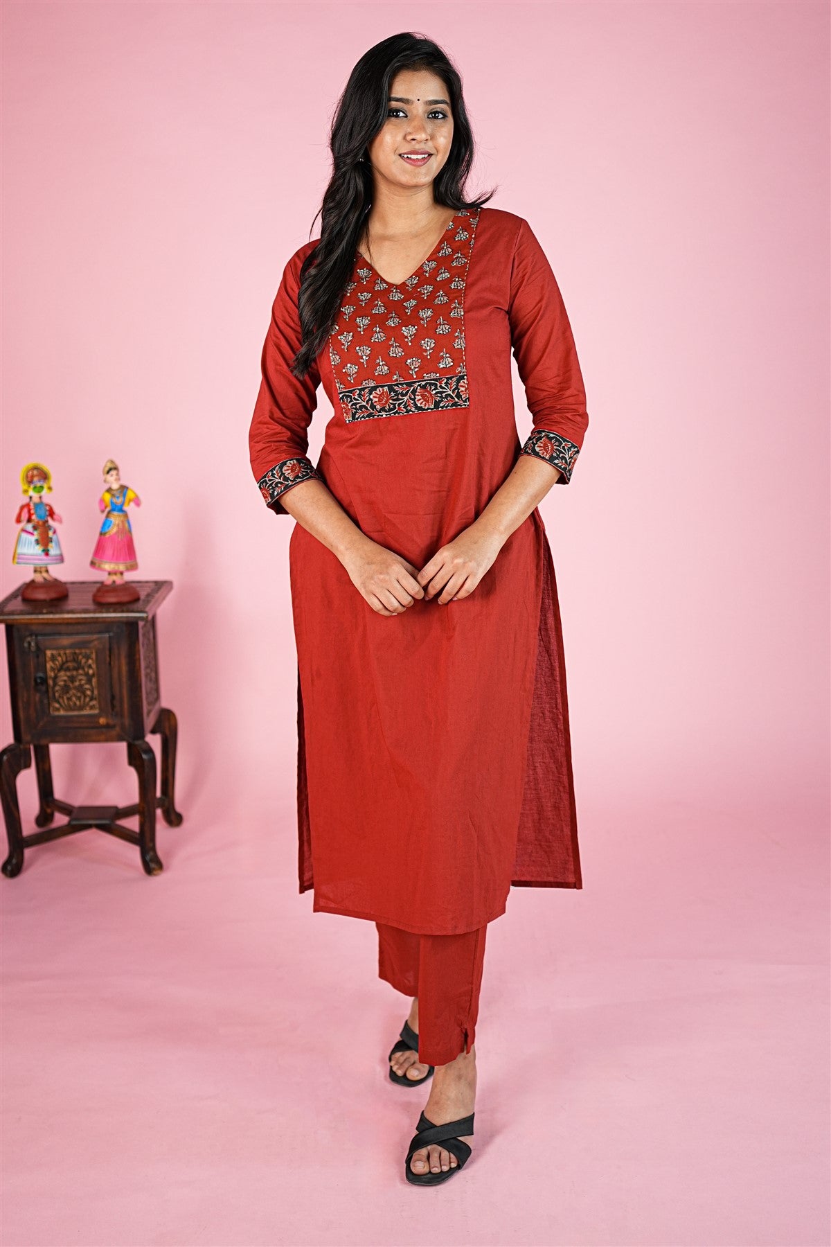 Cotton Printed Maroon Kurti Set