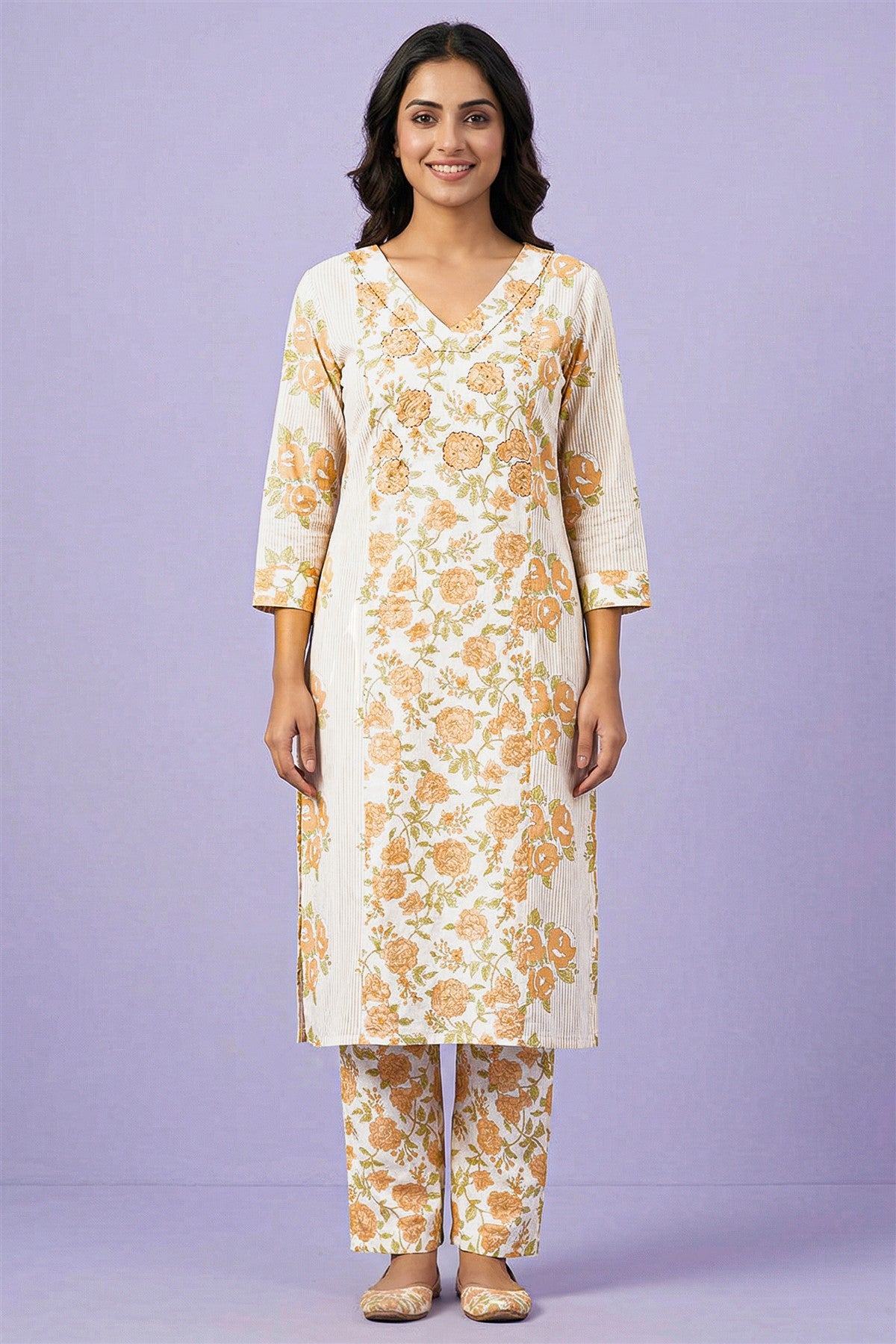 Cotton Printed Cream Kurti Set