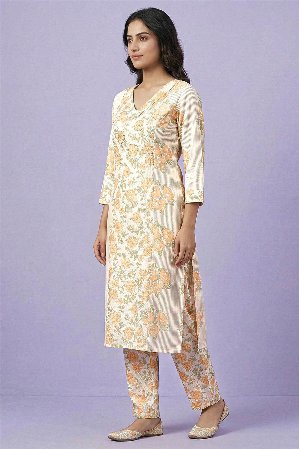 Cotton Printed Cream Kurti Set