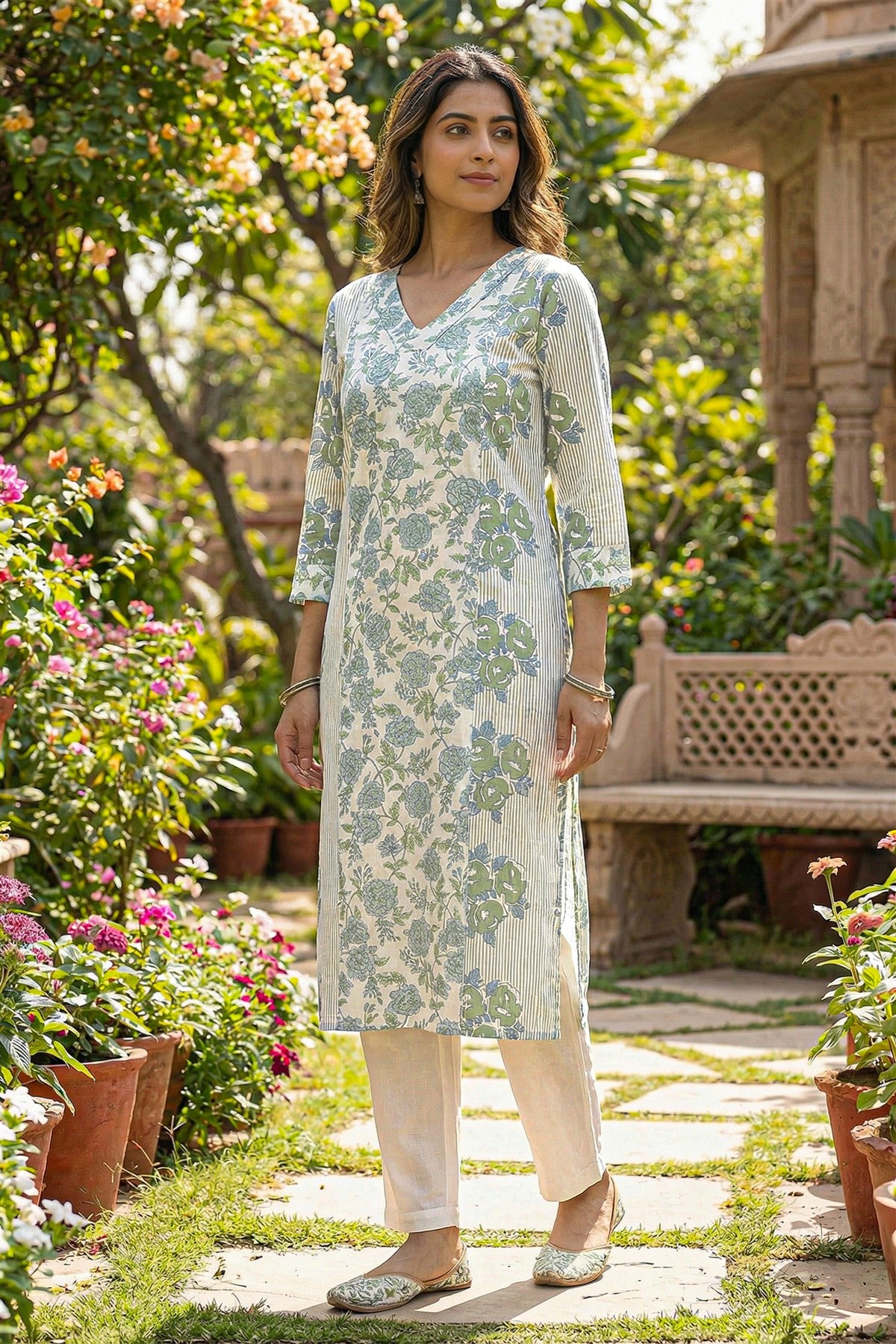 Cotton Printed White And Green Kurti Set