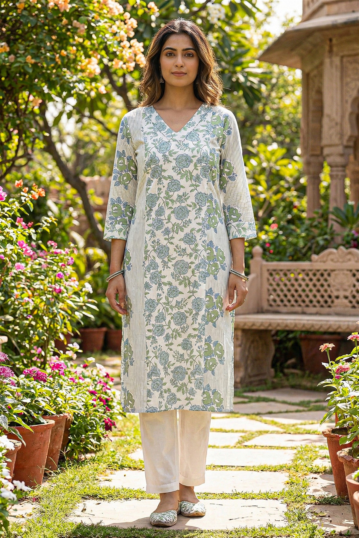 Cotton Printed White And Green Kurti Set