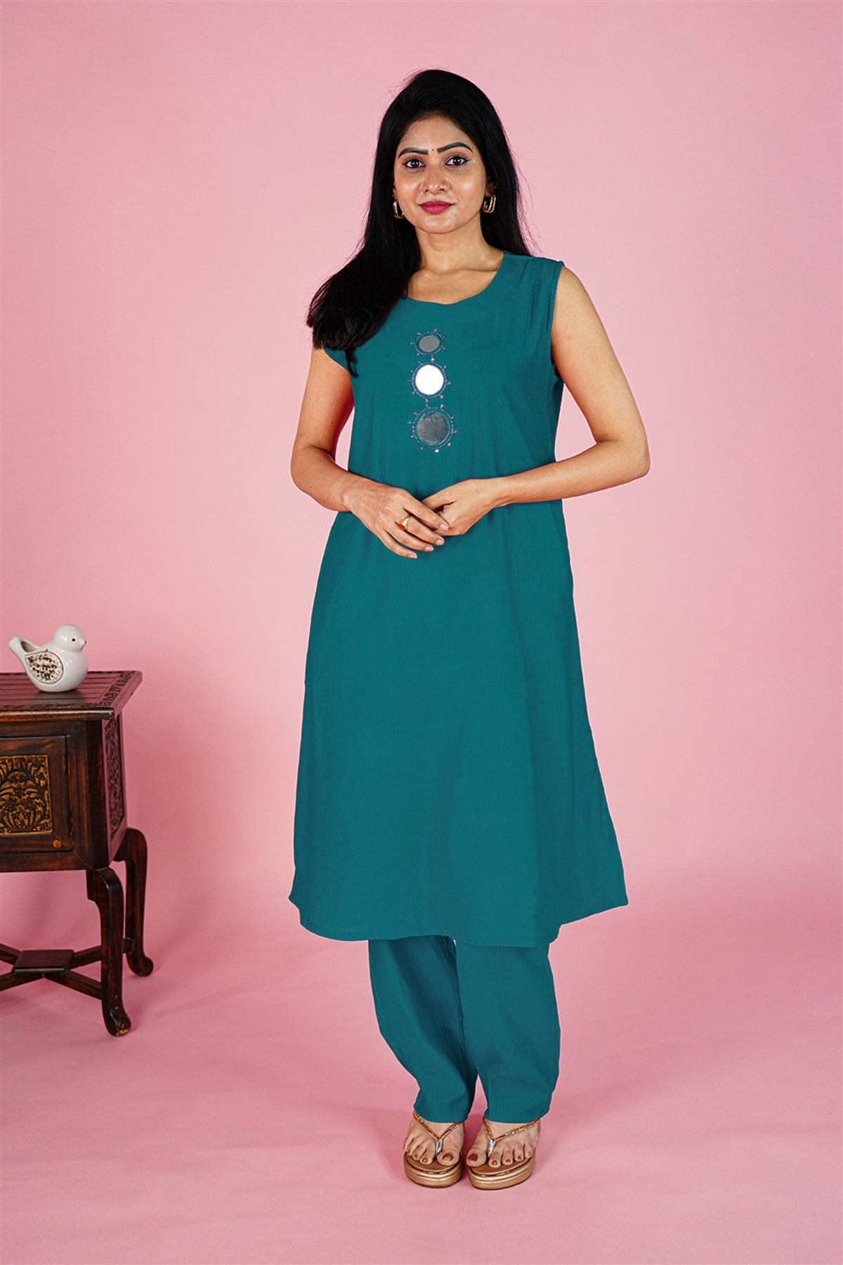 Silk Solid Teal Blue Kurti Set