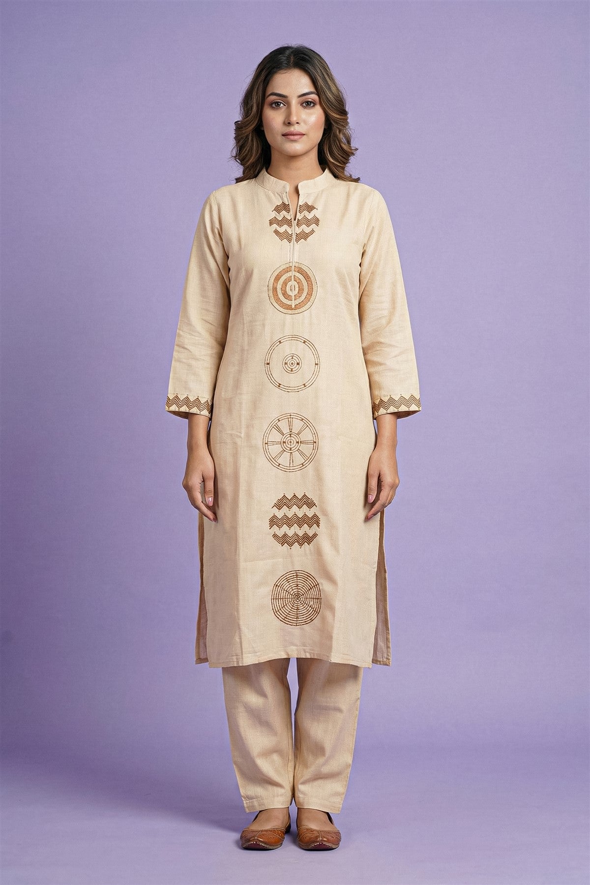 Silk Embroidered Beige Kurti Set