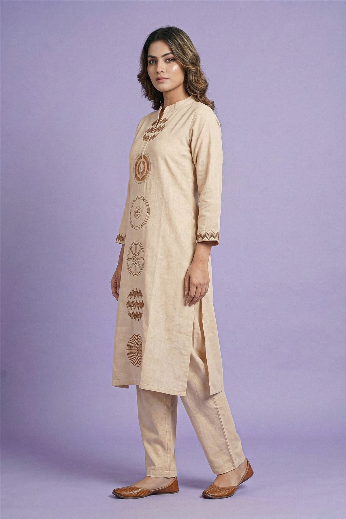 Silk Embroidered Beige Kurti Set