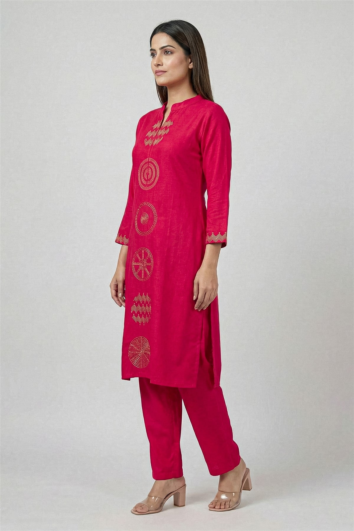 Silk Embroidered Rani Pink Kurti Set