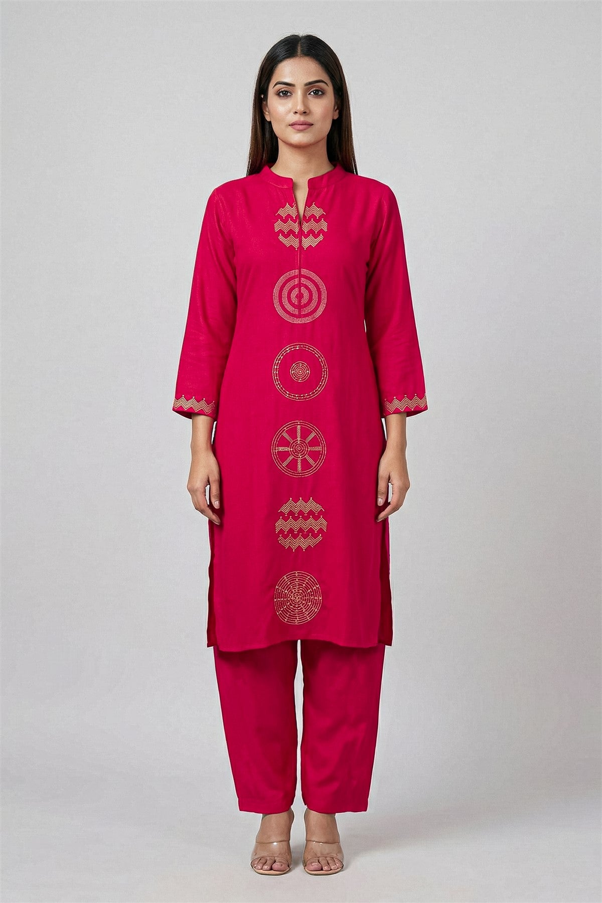 Silk Embroidered Rani Pink Kurti Set