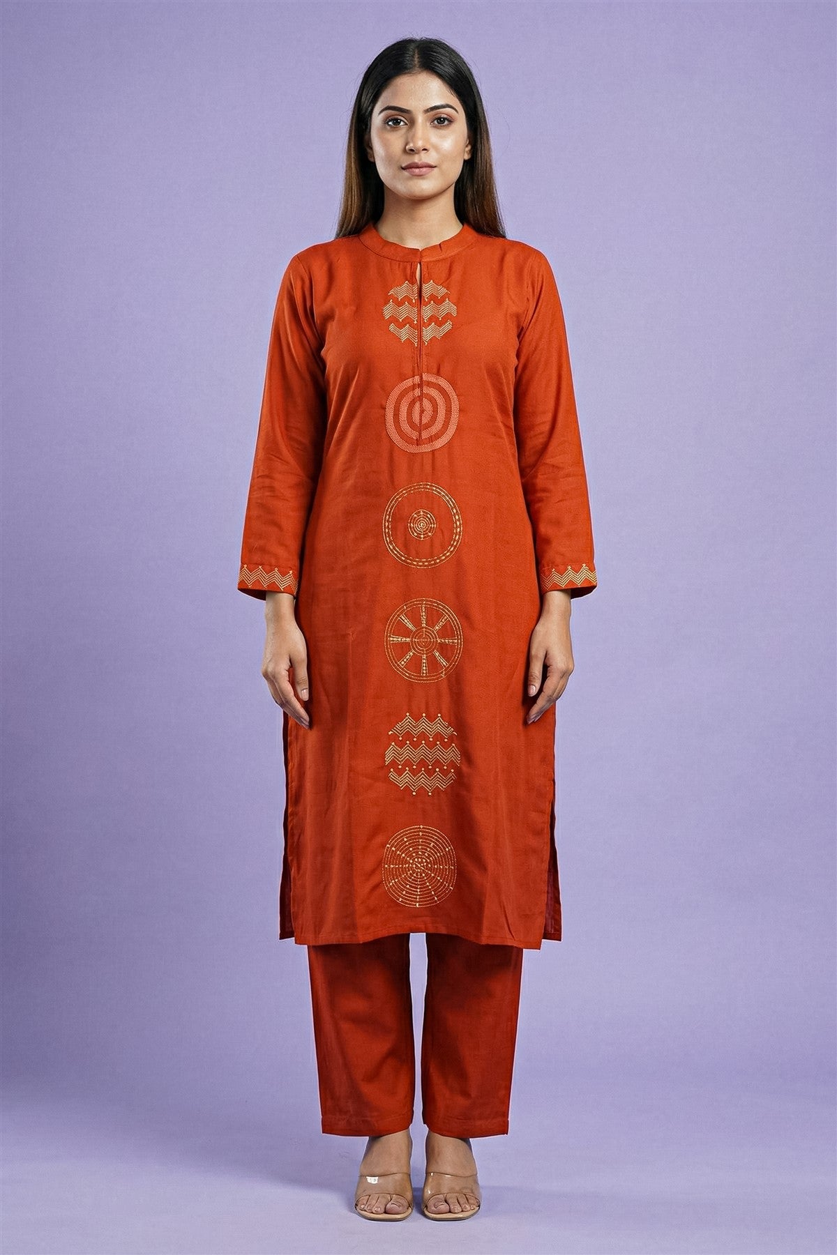 Silk Embroidered Rust Kurti Set