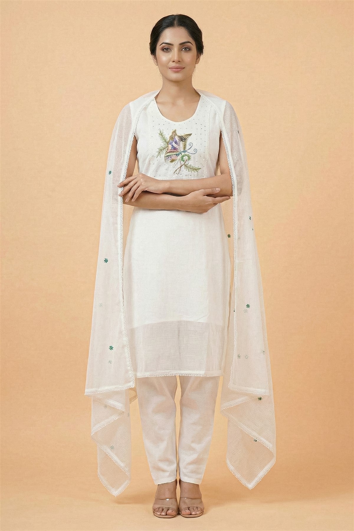 Kota Embroidered White Kurti Set With Dupatta