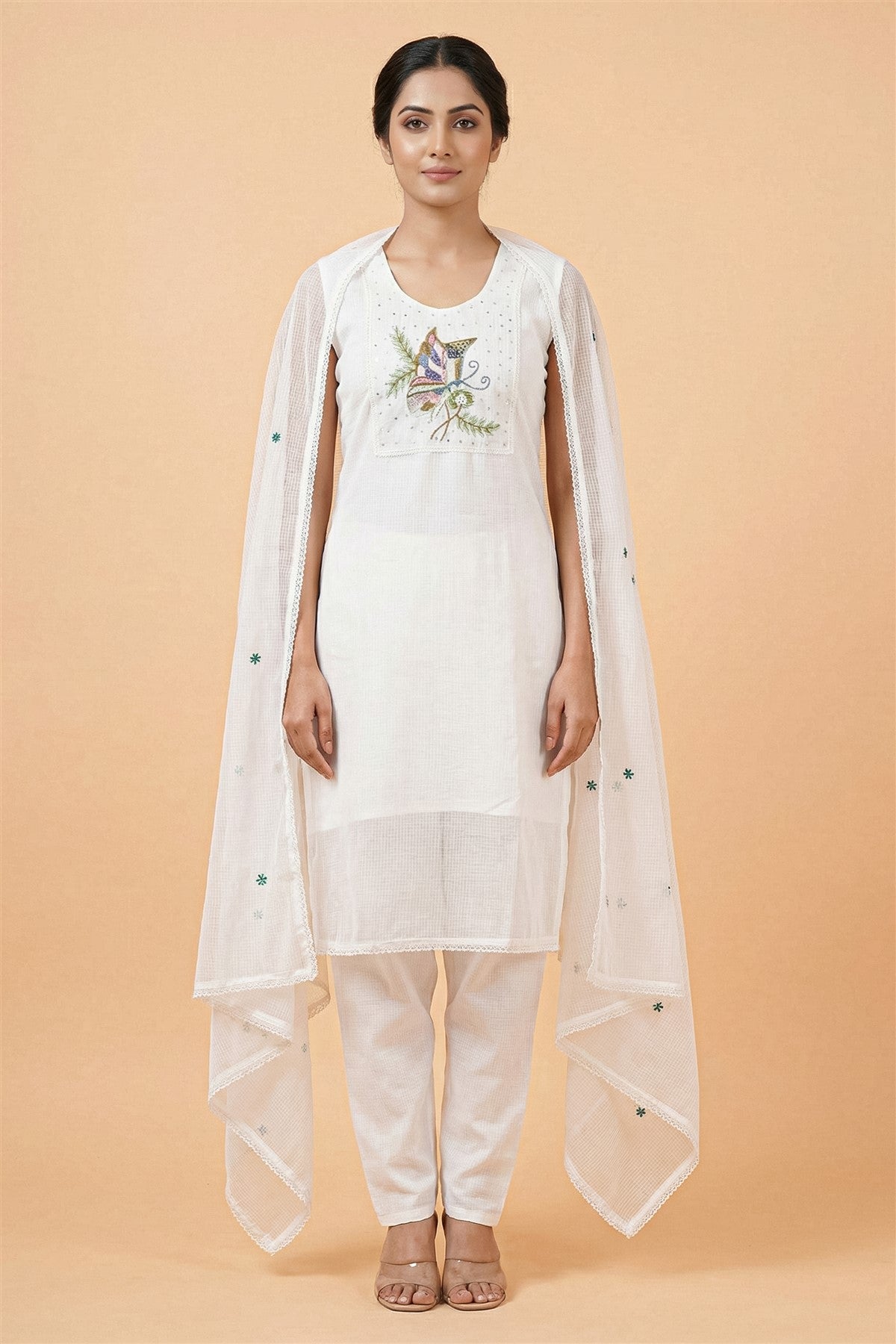 Kota Embroidered White Kurti Set With Dupatta