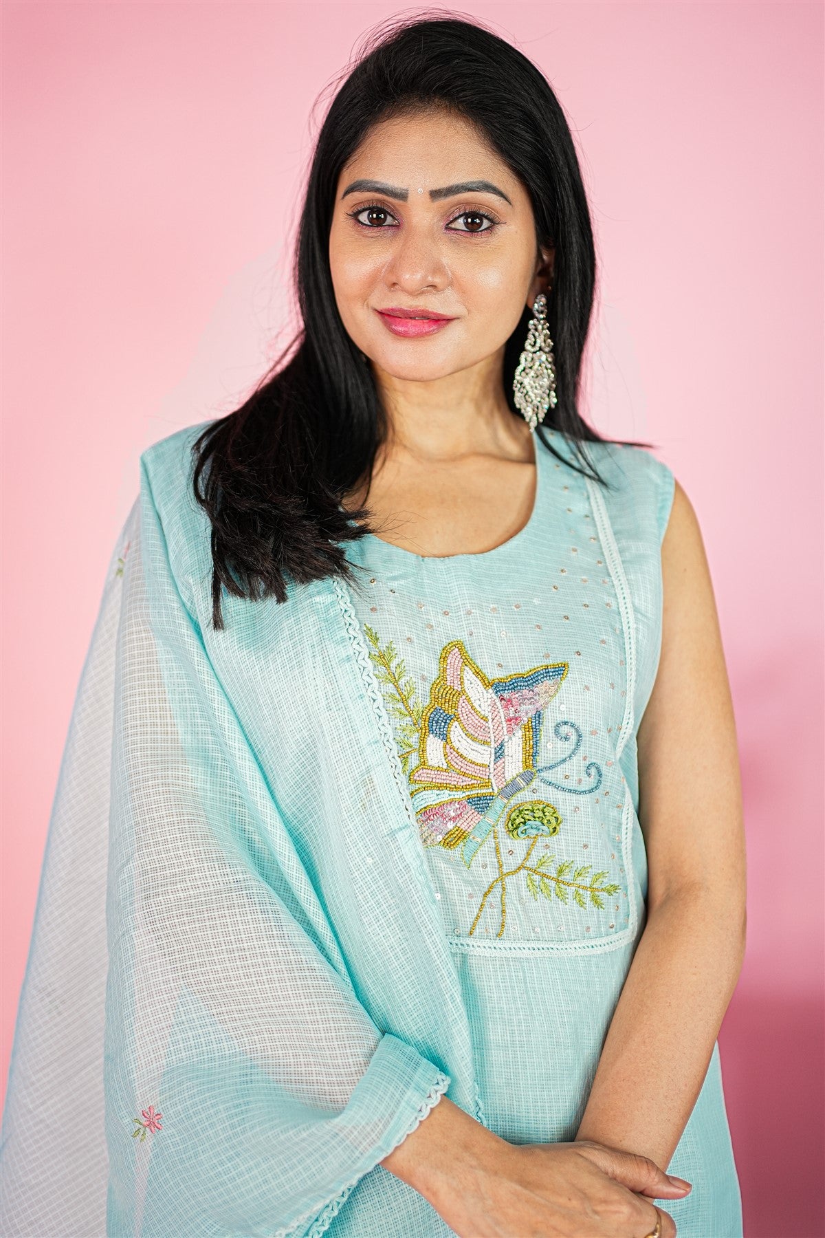 Kota Doria Embroidered Sky Blue Kurti Set With Dupatta