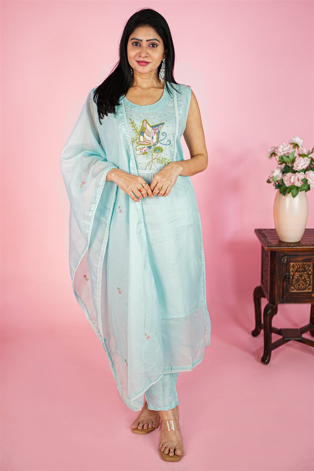 Kota Doria Embroidered Sky Blue Kurti Set With Dupatta