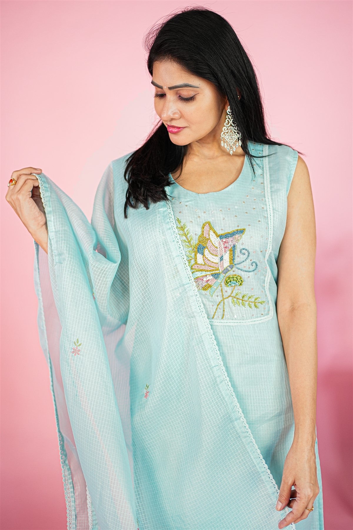 Kota Doria Embroidered Sky Blue Kurti Set With Dupatta