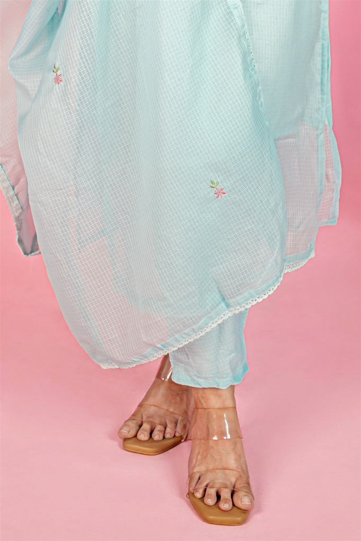 Kota Doria Embroidered Sky Blue Kurti Set With Dupatta