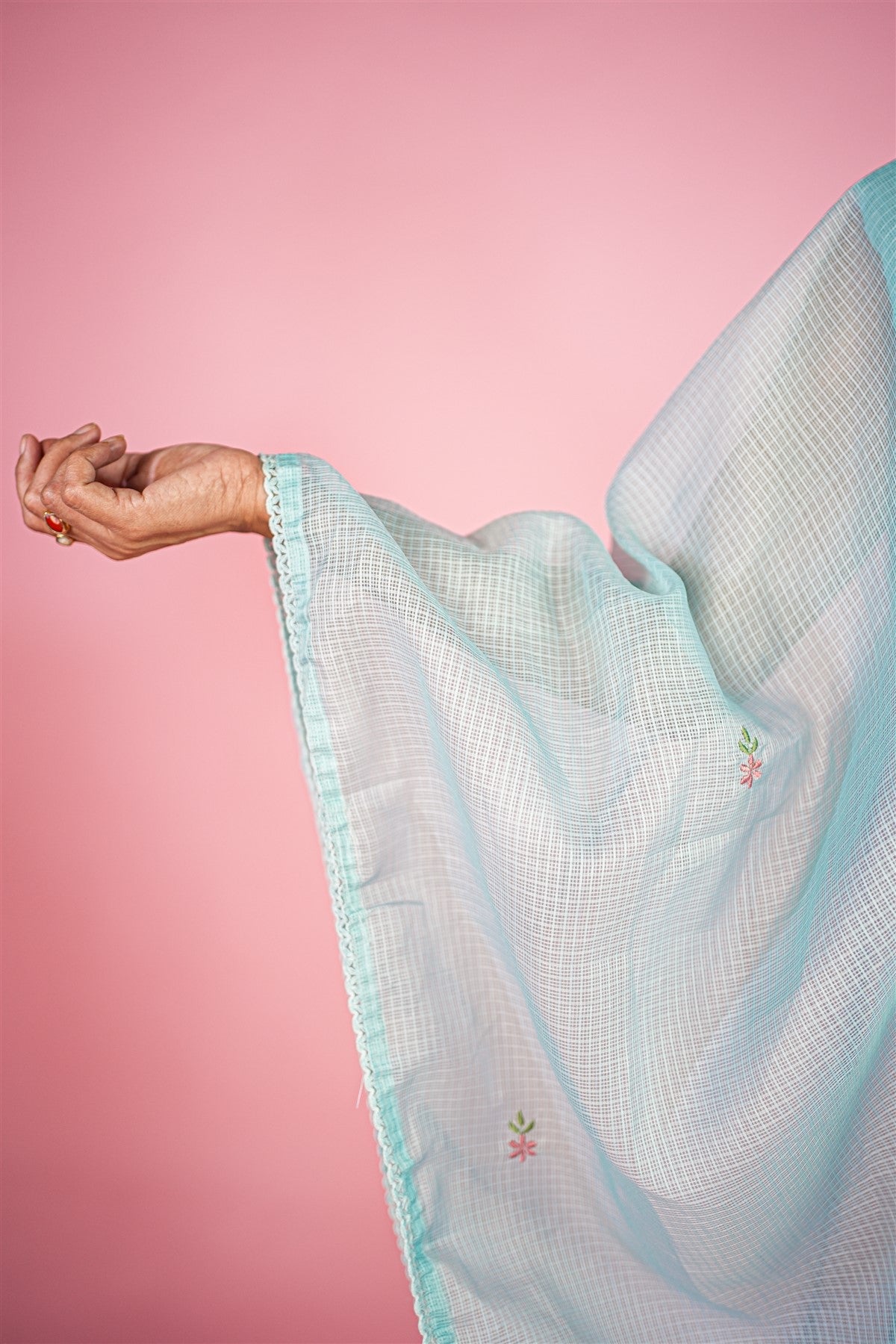 Kota Doria Embroidered Sky Blue Kurti Set With Dupatta