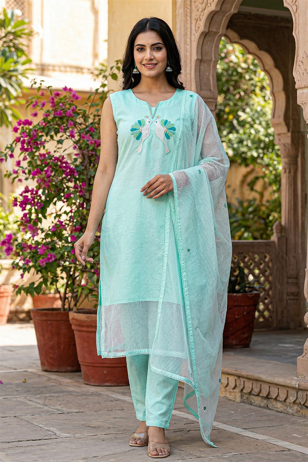 Kota Doria Solid Sky Blue Kurti Set With Dupatta