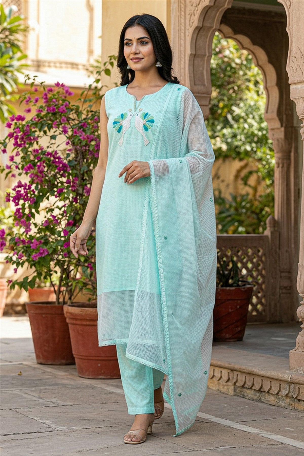 Kota Doria Solid Sky Blue Kurti Set With Dupatta
