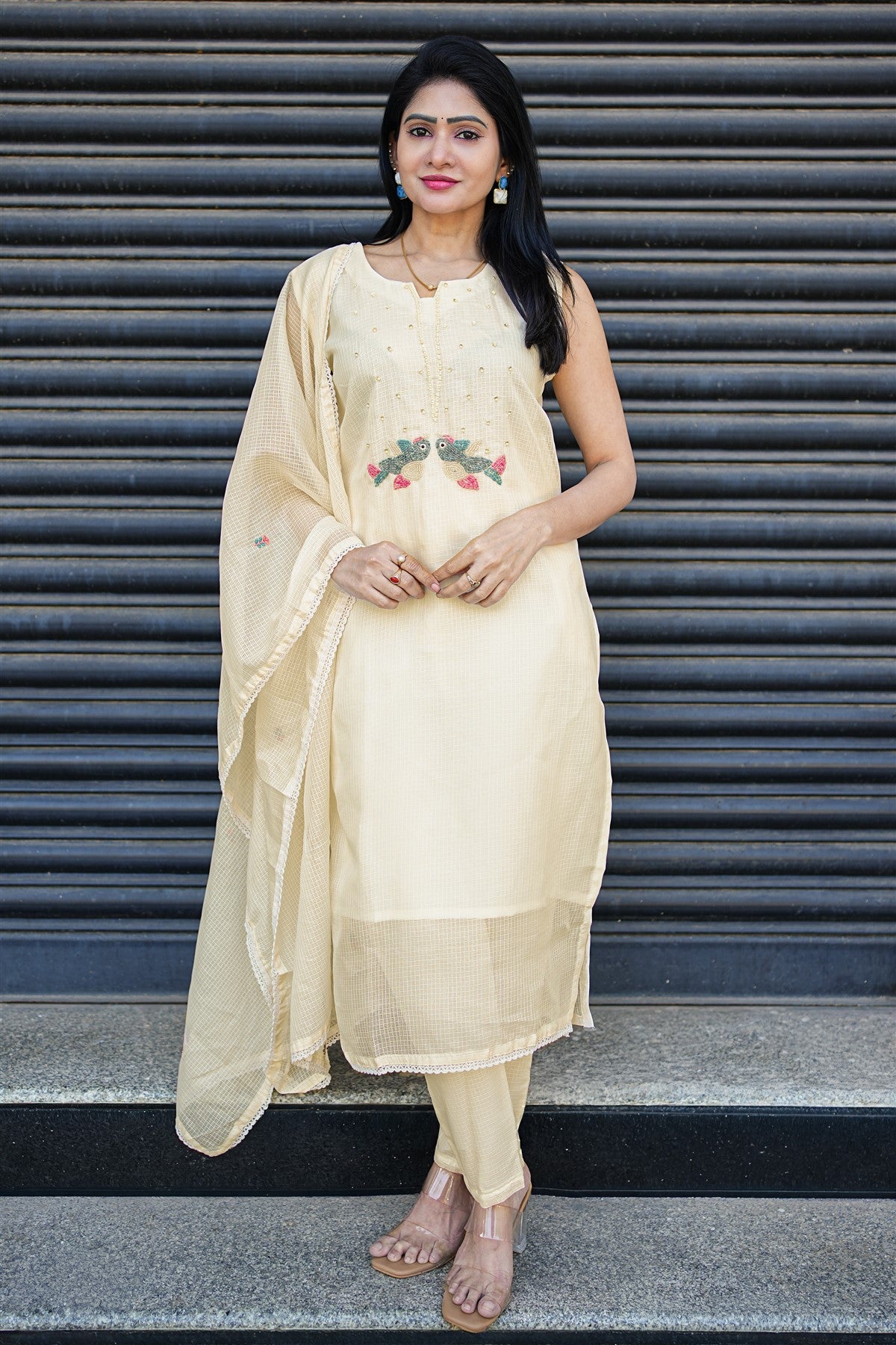 Kota Embroidery Cream Kurti Set With Dupatta