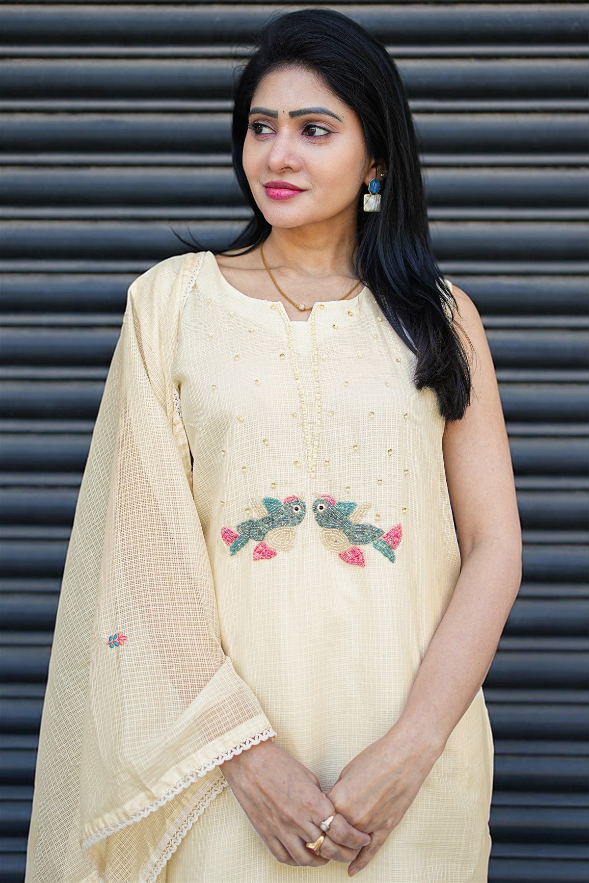 Kota Embroidery Cream Kurti Set With Dupatta