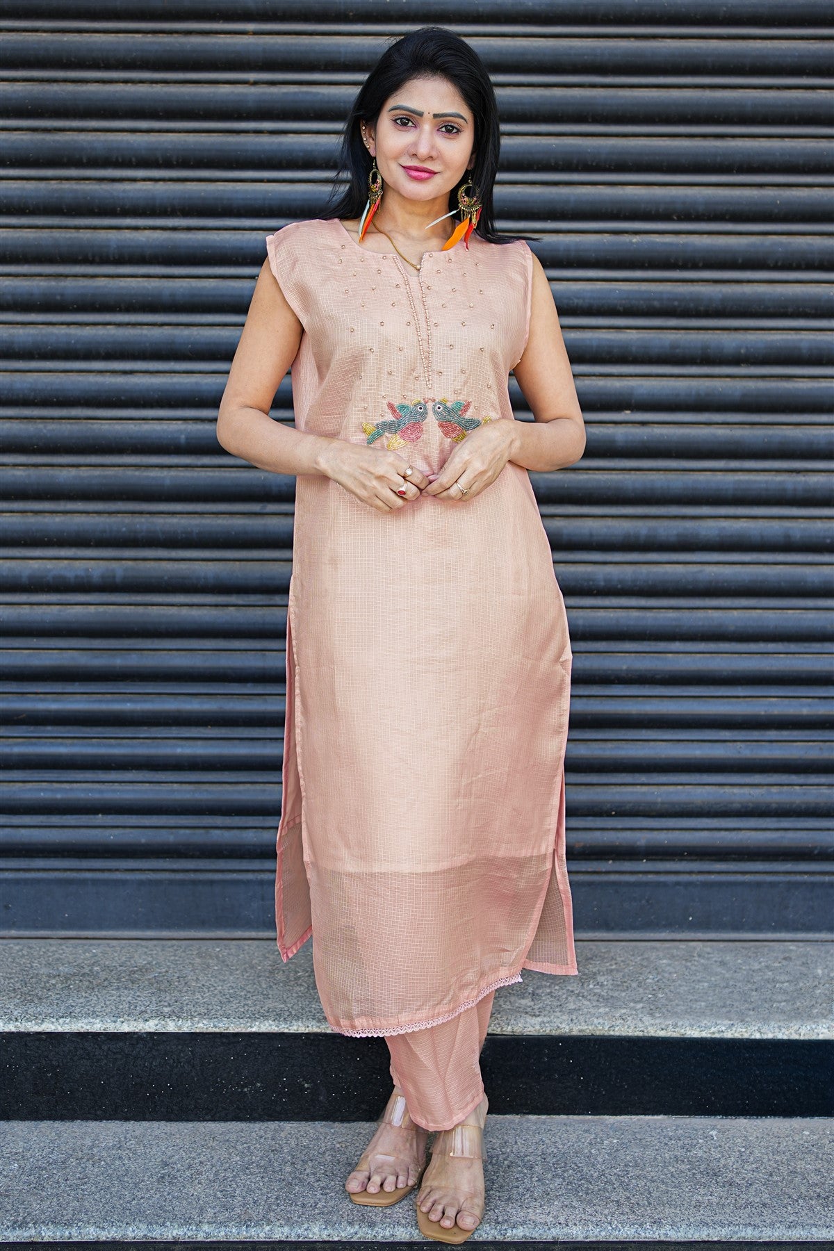 Kota Embroidery Peach Kurti Set With Dupatta