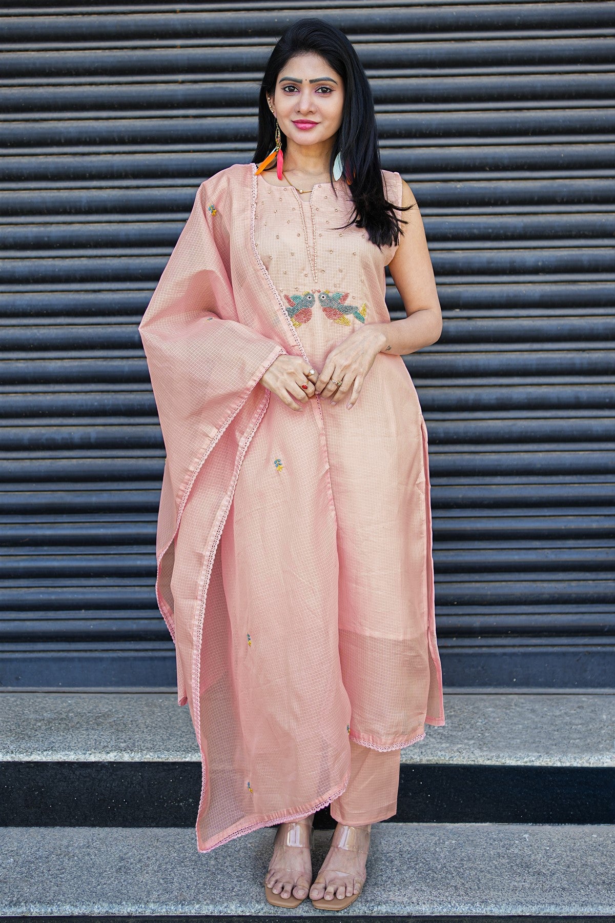 Kota Embroidery Peach Kurti Set With Dupatta