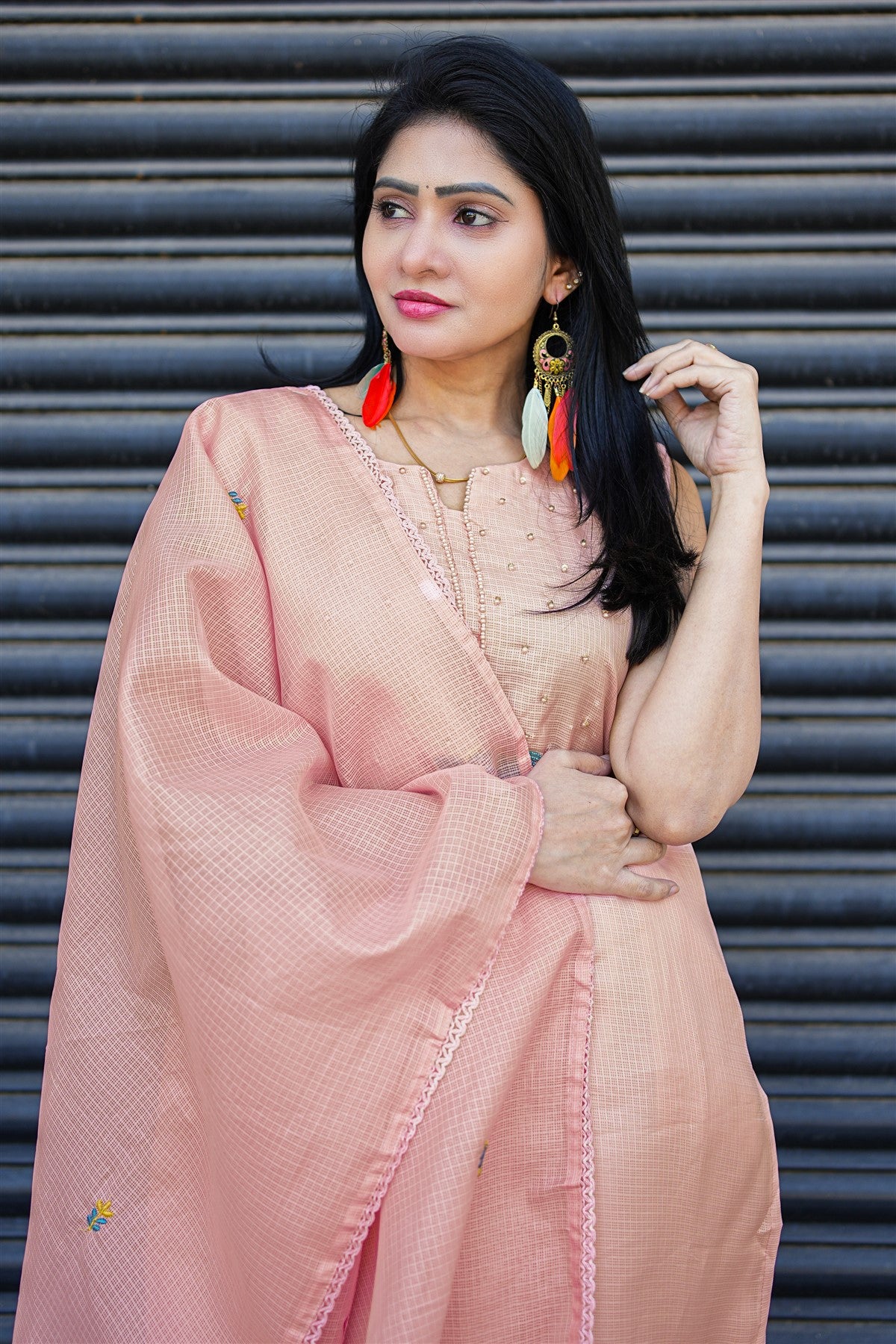Kota Embroidery Peach Kurti Set With Dupatta