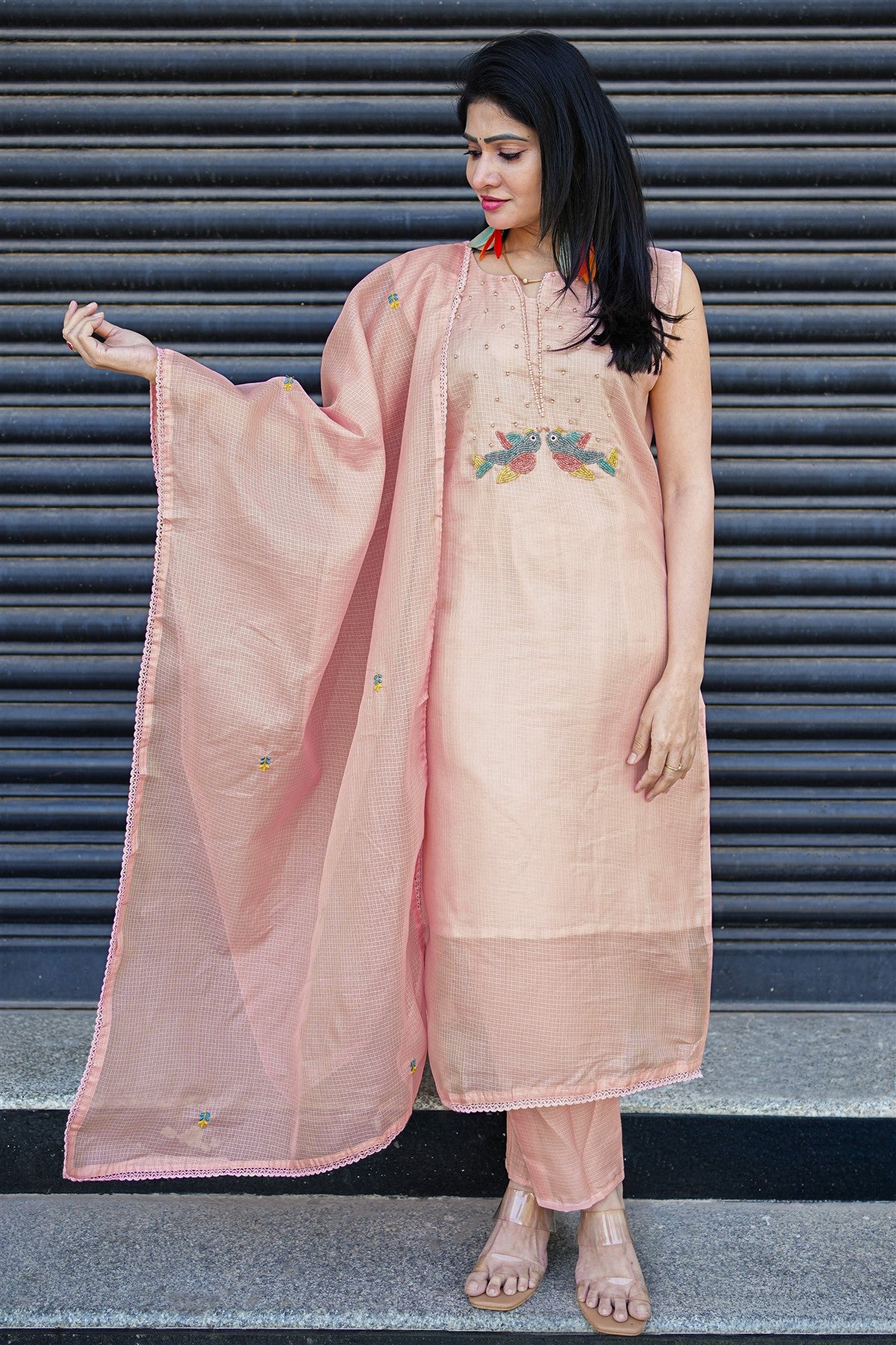Kota Embroidery Peach Kurti Set With Dupatta