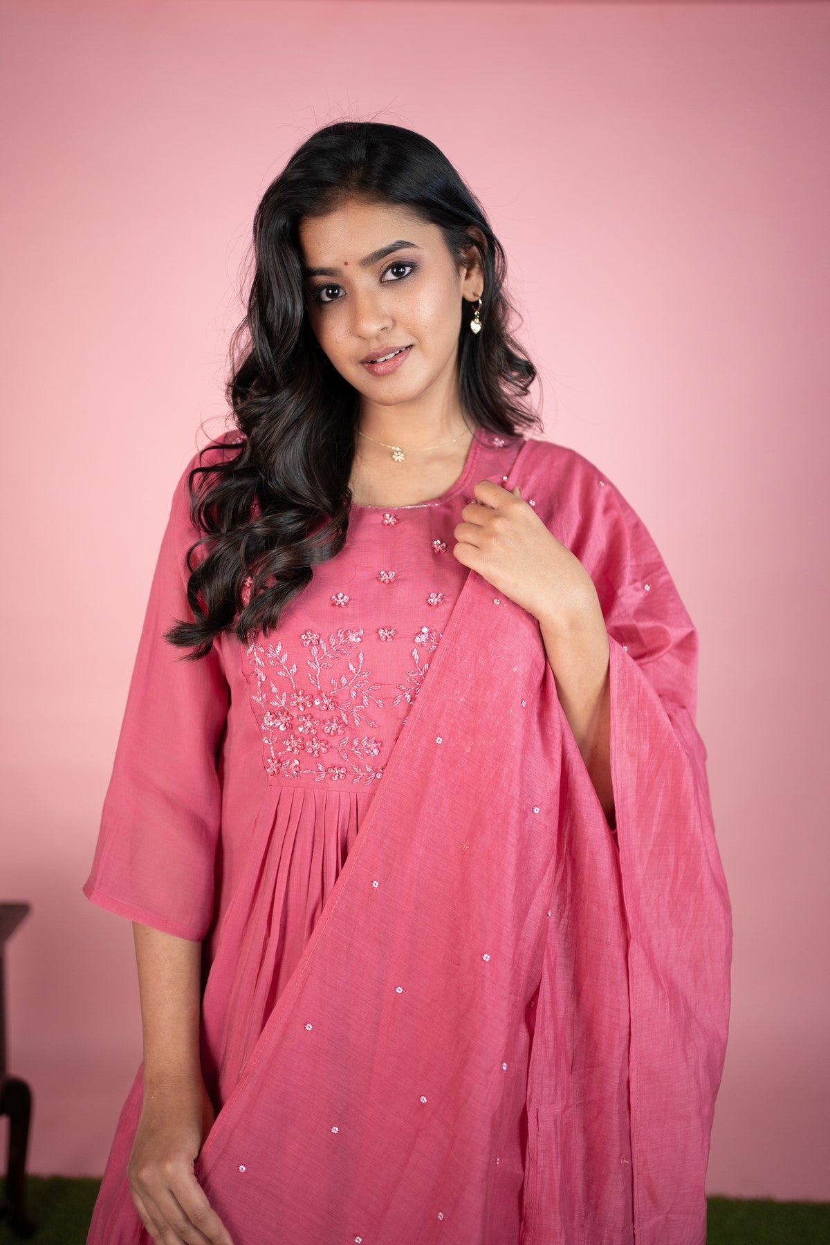 Mul Chanderi Embroidery Rose Pink Kurti Set With Dupatta