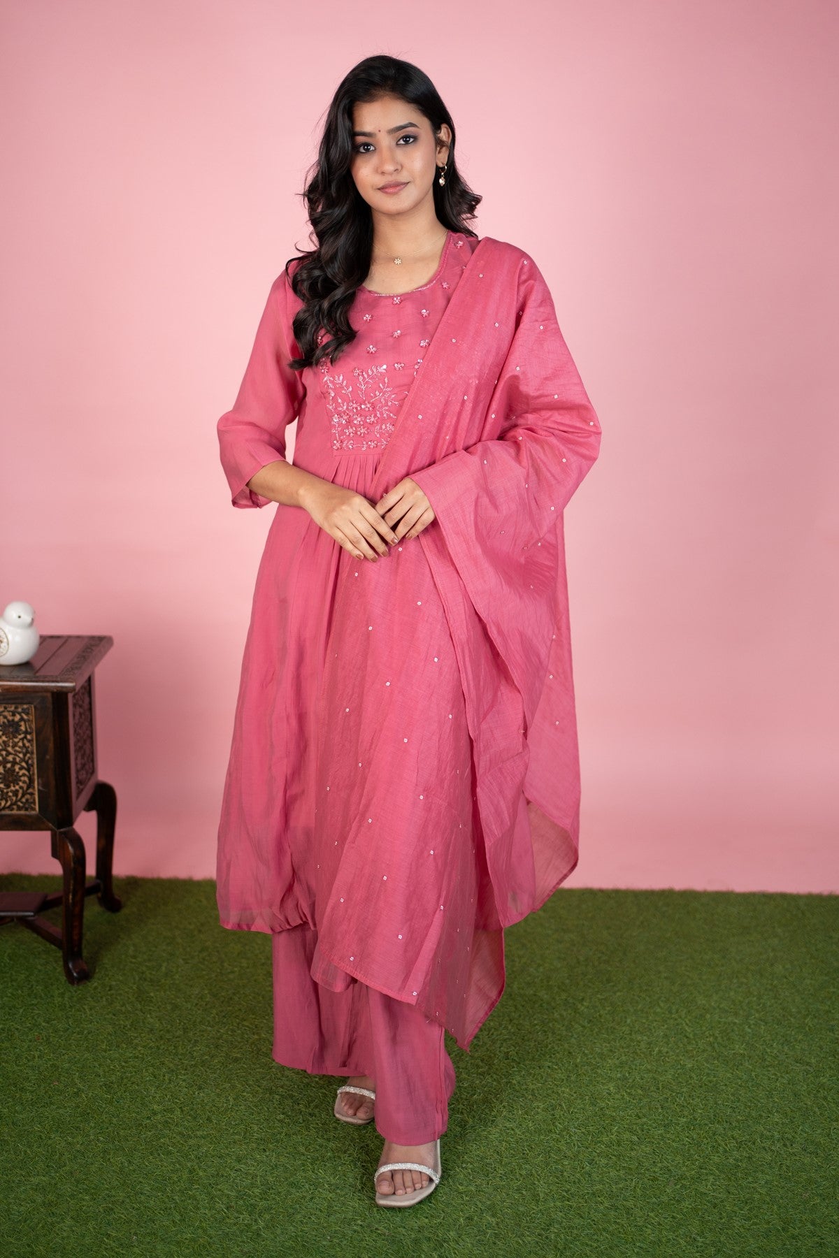 Mul Chanderi Embroidery Rose Pink Kurti Set With Dupatta