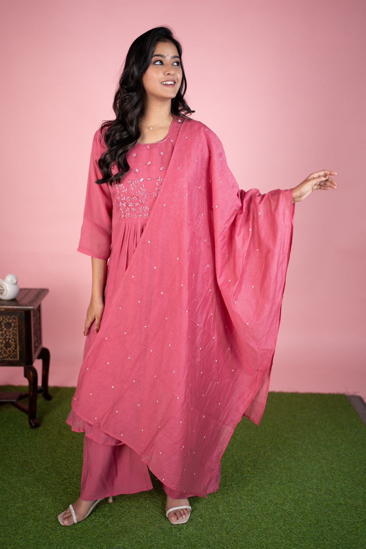 Mul Chanderi Embroidery Rose Pink Kurti Set With Dupatta