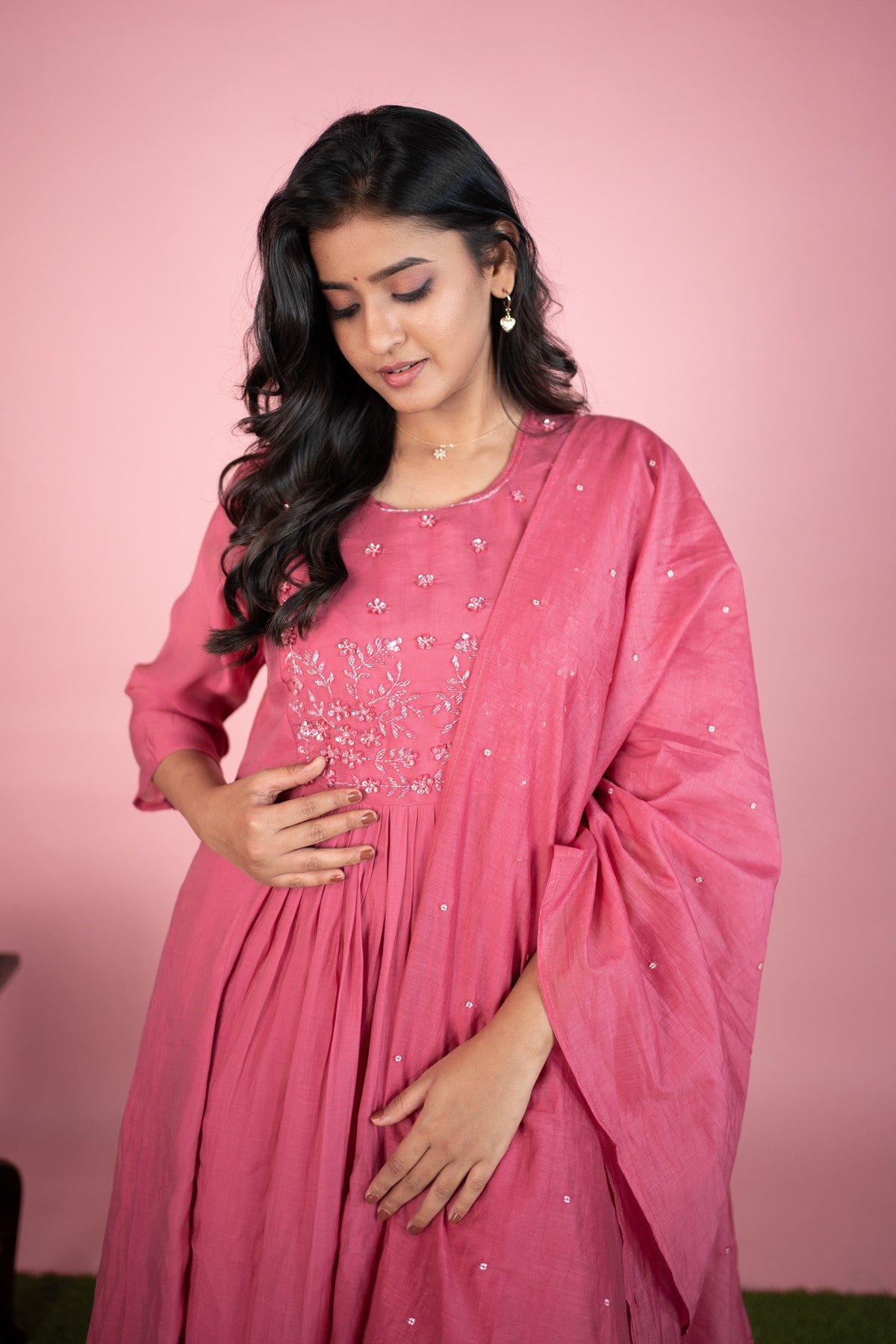Mul Chanderi Embroidery Rose Pink Kurti Set With Dupatta