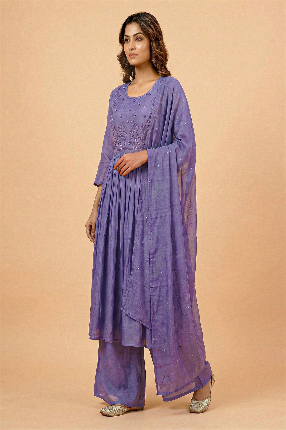 Mul Chanderi Solid Purple Kurti Set With Dupatta
