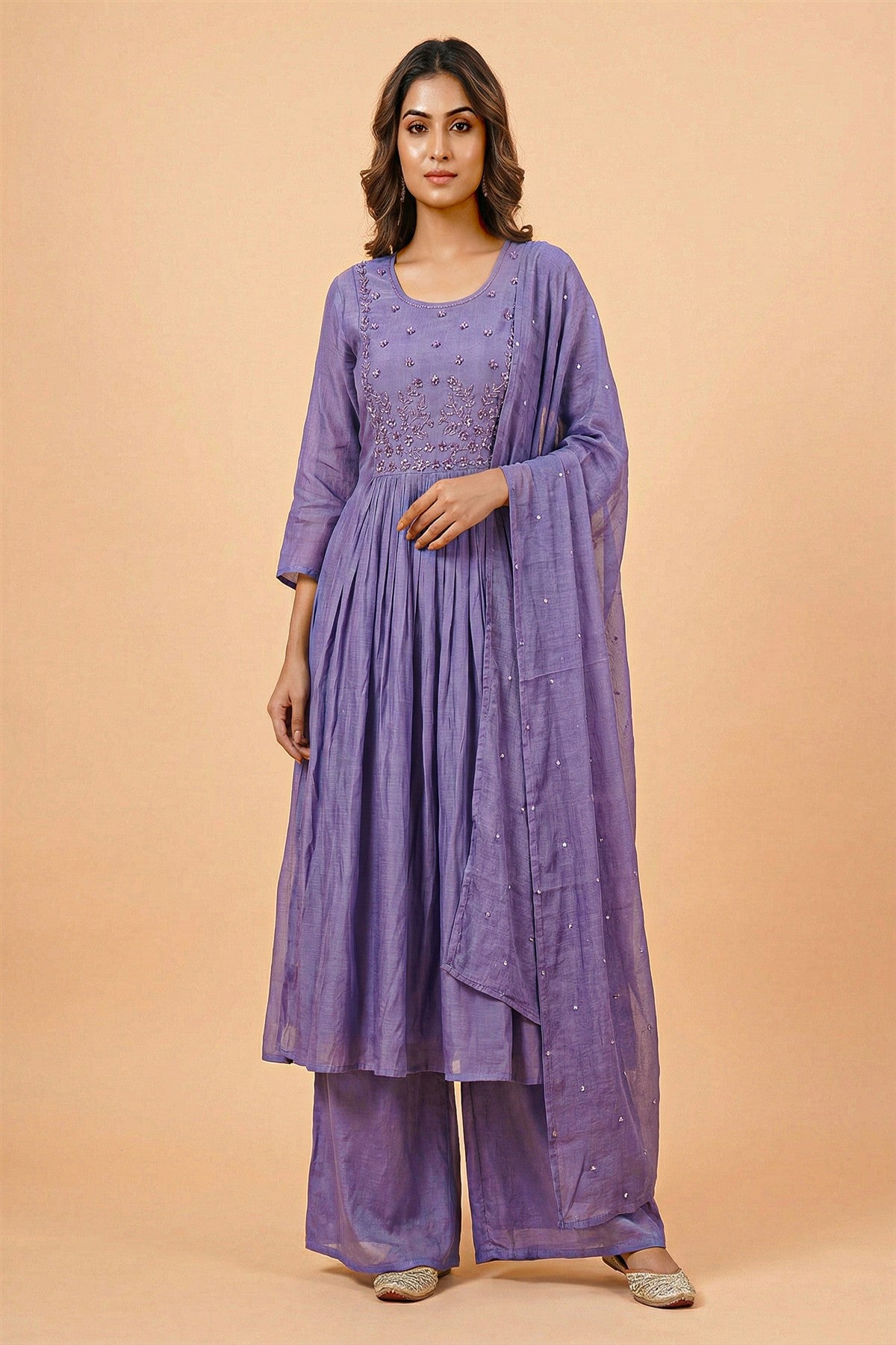 Mul Chanderi Solid Purple Kurti Set With Dupatta
