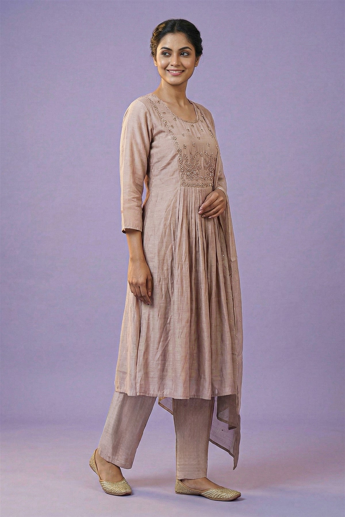 Mul Chanderi Solid Mauve Kurti Set With Dupatta