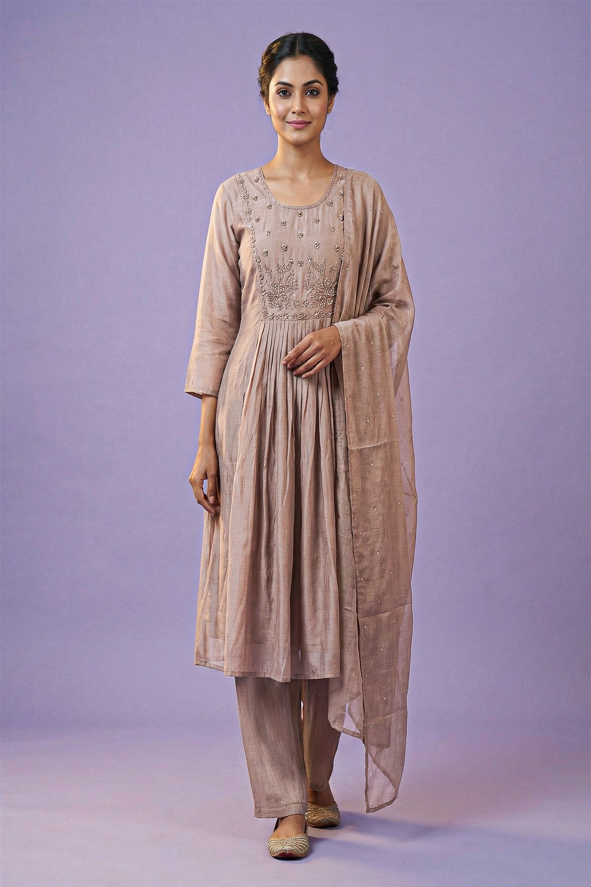 Mul Chanderi Solid Mauve Kurti Set With Dupatta