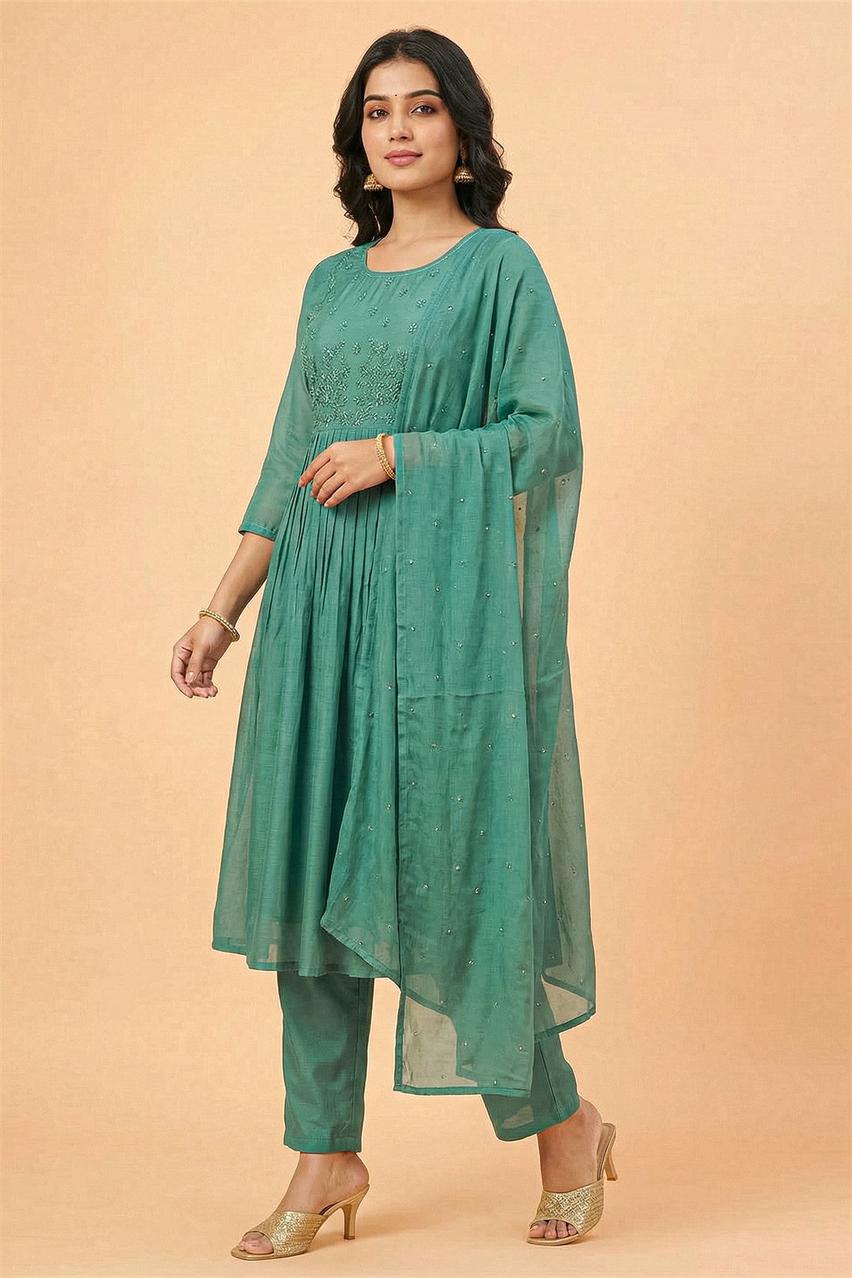 Mul Chanderi Solid Teal Green Kurti Set With Dupatta