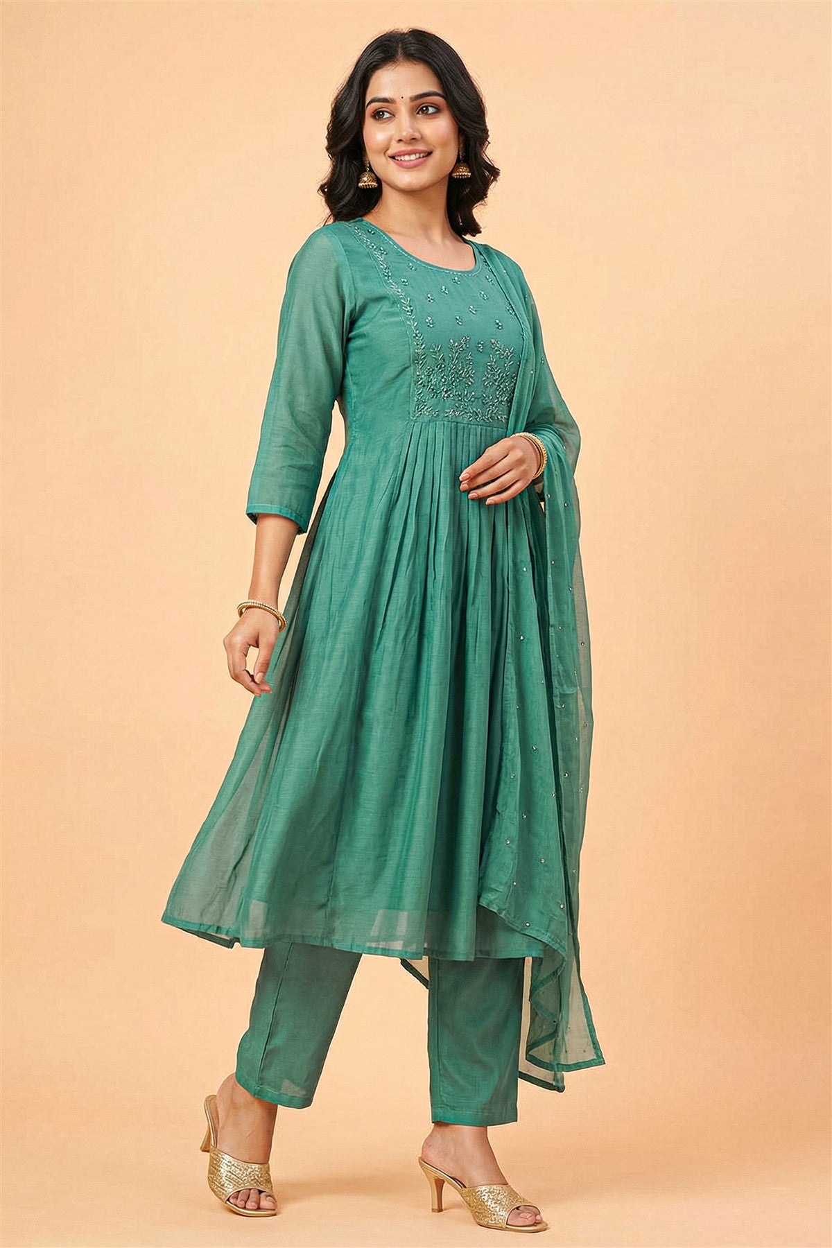 Mul Chanderi Solid Teal Green Kurti Set With Dupatta