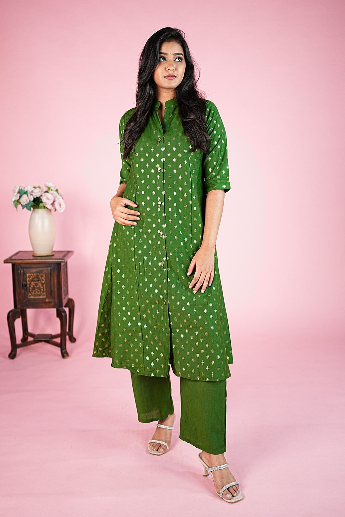 Silk Solid Green Kurti Set