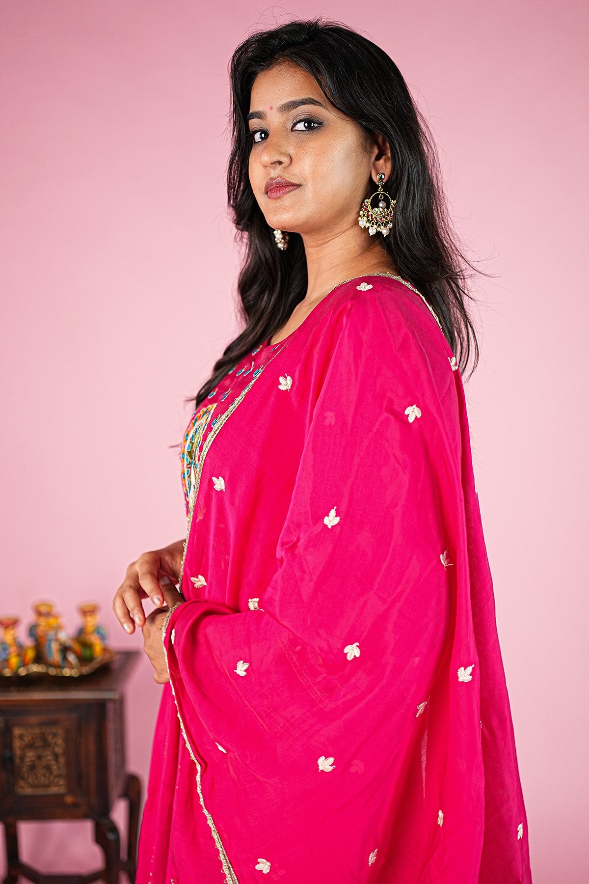 Mul Chanderi Embroidery Pink Kurti Set With Dupatta