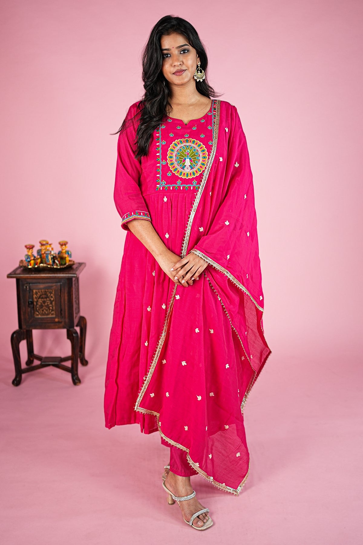 Mul Chanderi Embroidery Pink Kurti Set With Dupatta