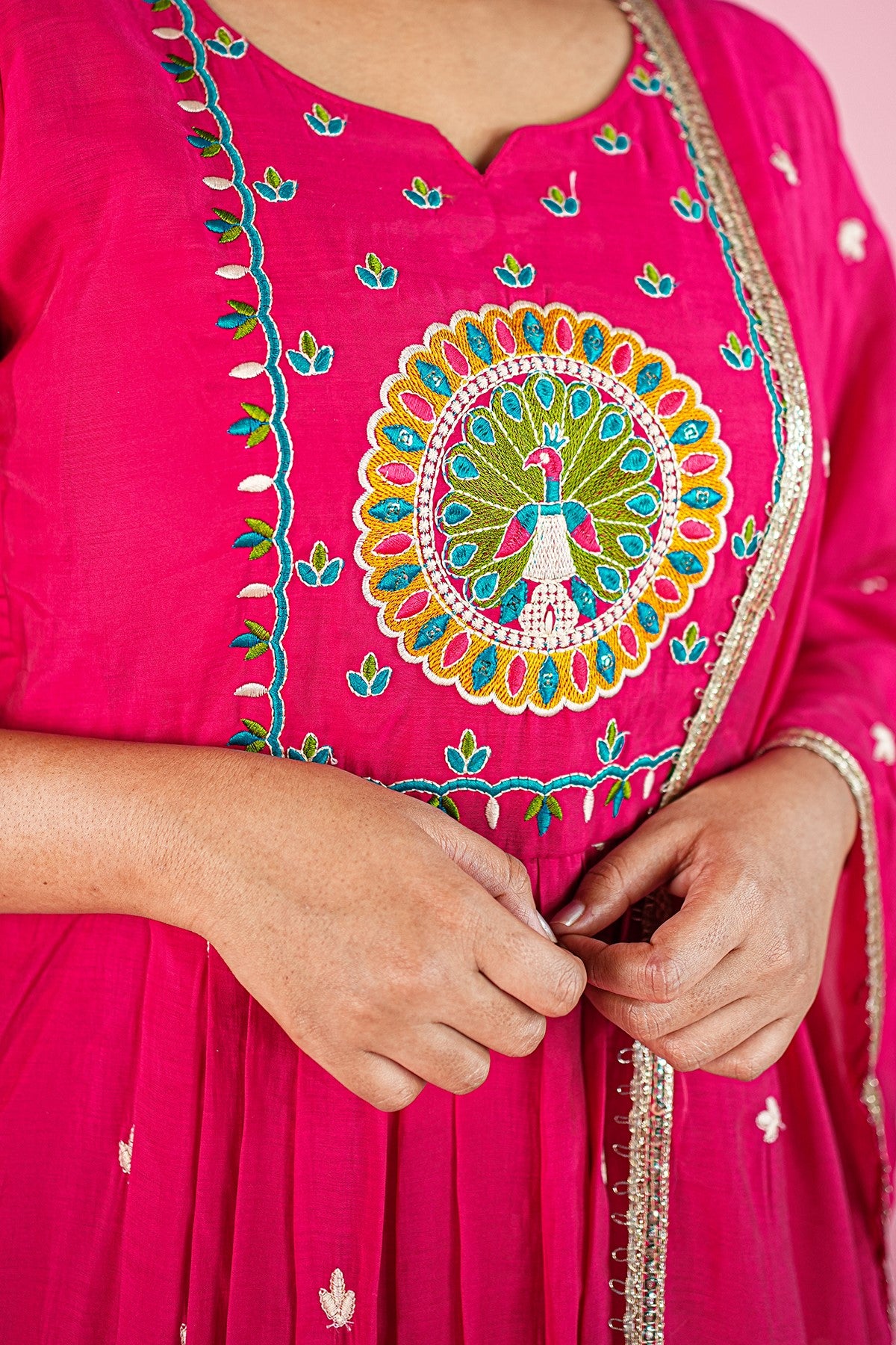 Mul Chanderi Embroidery Pink Kurti Set With Dupatta