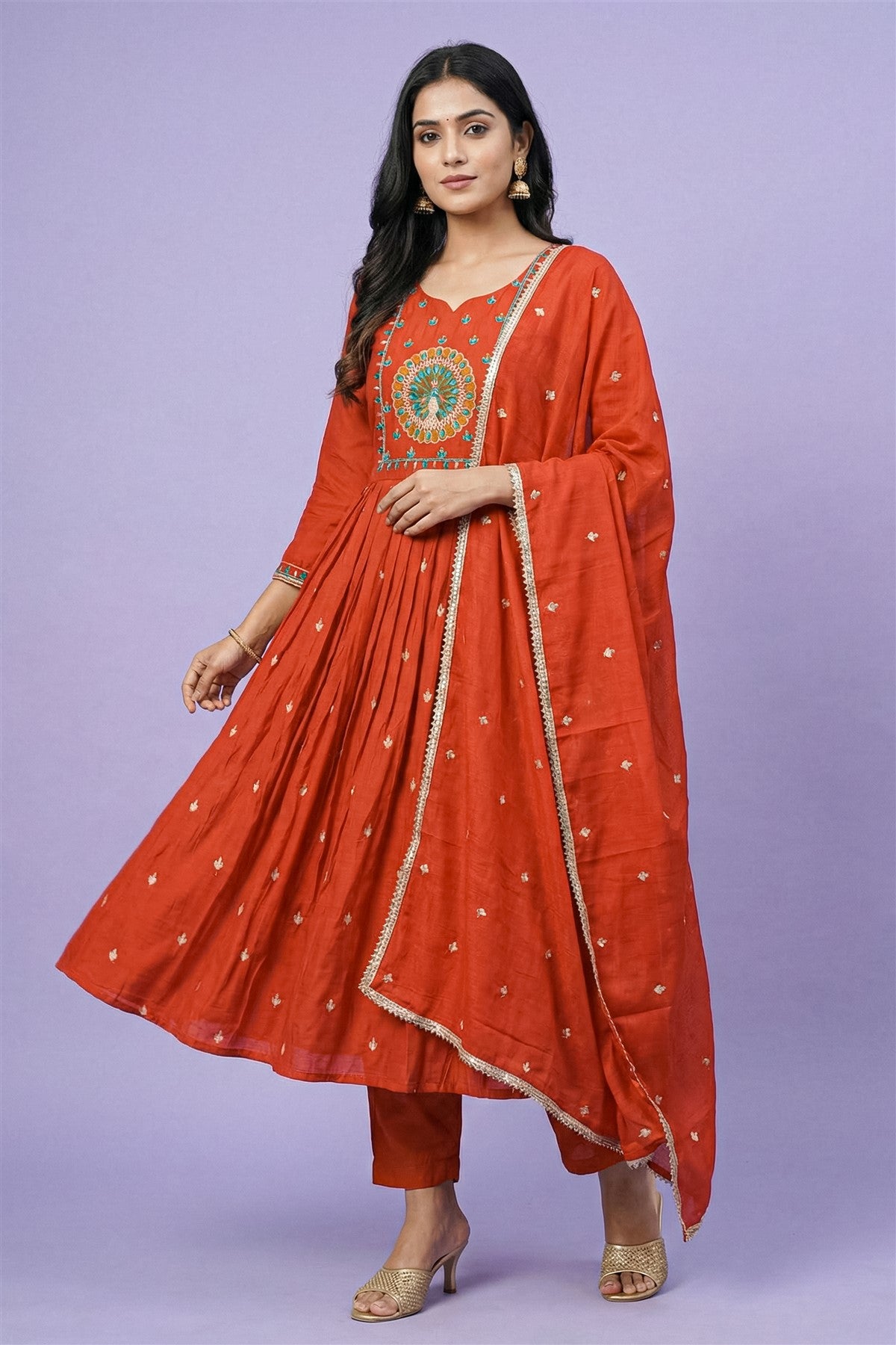Mul Chanderi Solid Rust Kurti Set With Dupatta