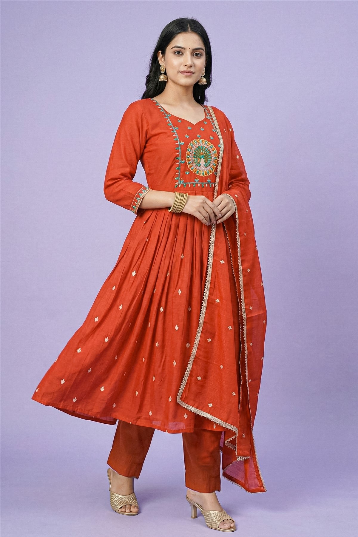 Mul Chanderi Solid Rust Kurti Set With Dupatta