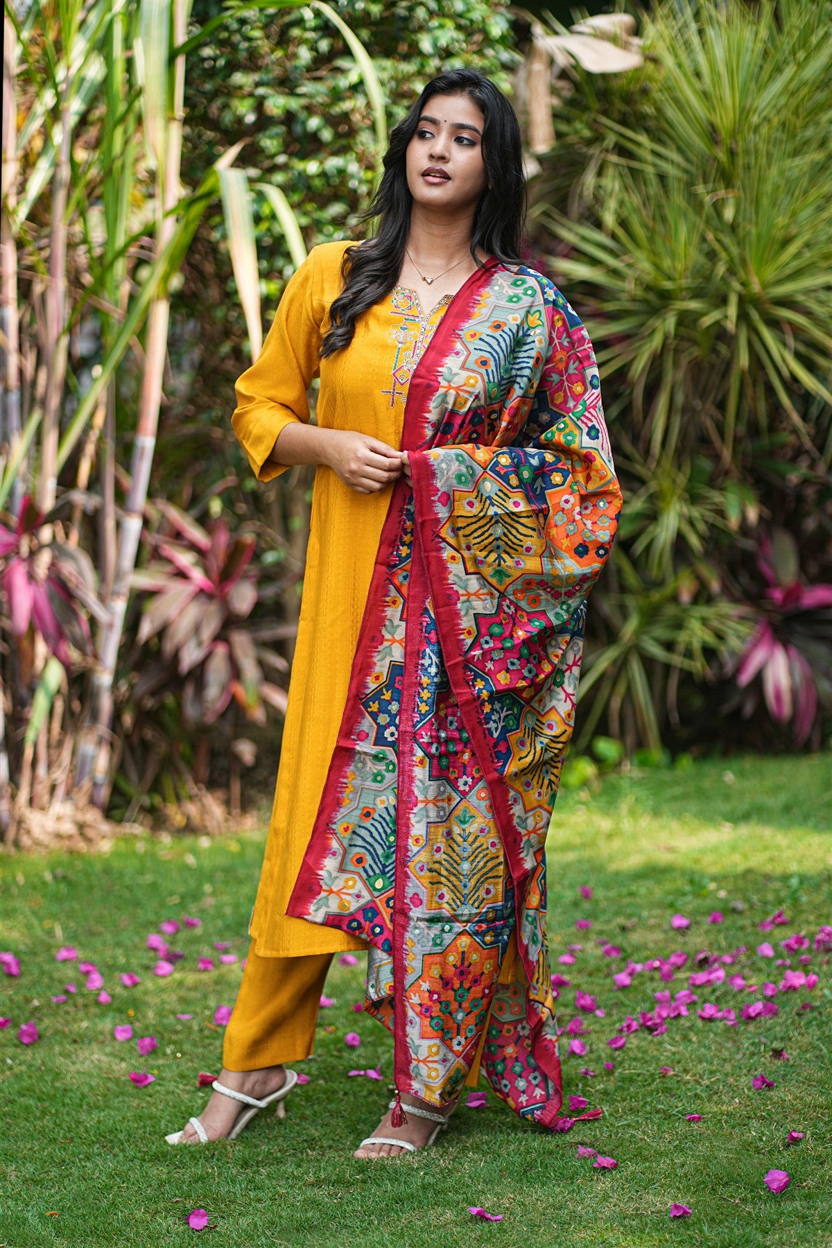 Mul Chanderi Solid Mustard Yellow Kurti Set With Dupatta