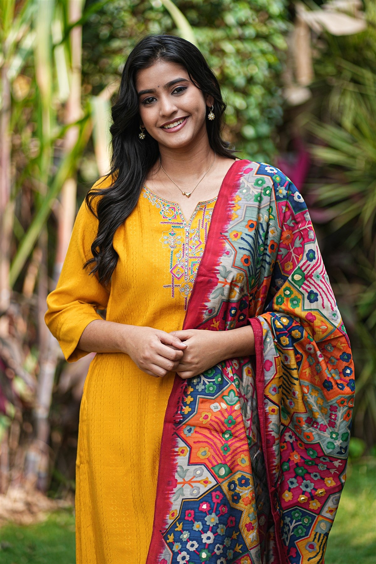 Mul Chanderi Solid Mustard Yellow Kurti Set With Dupatta
