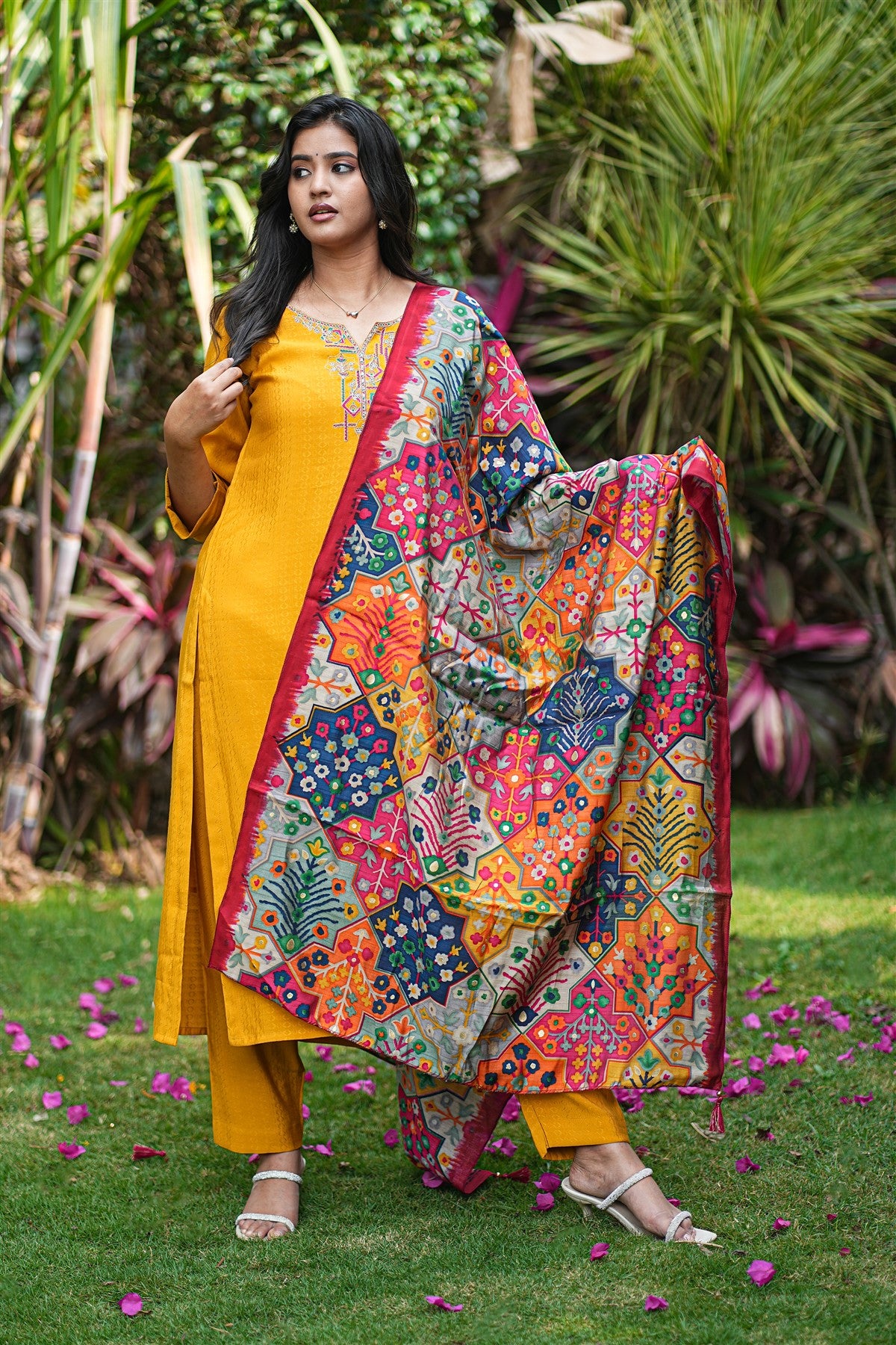 Mul Chanderi Solid Mustard Yellow Kurti Set With Dupatta