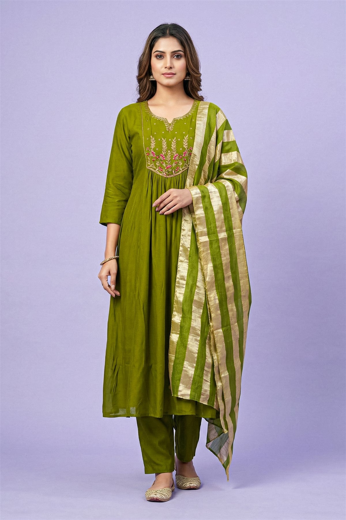 Mul Chanderi Embroidery Olive Green Kurti Set With Dupatta