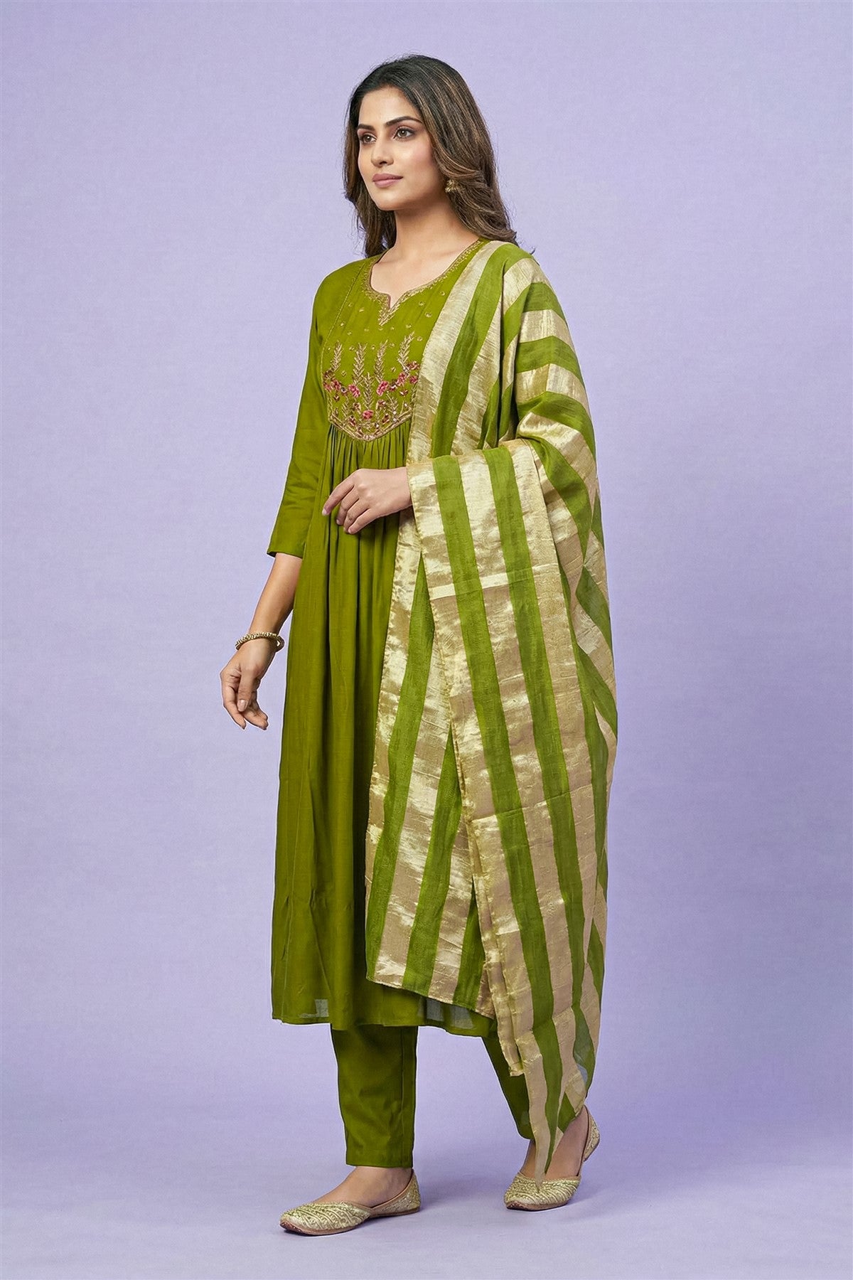 Mul Chanderi Embroidery Olive Green Kurti Set With Dupatta