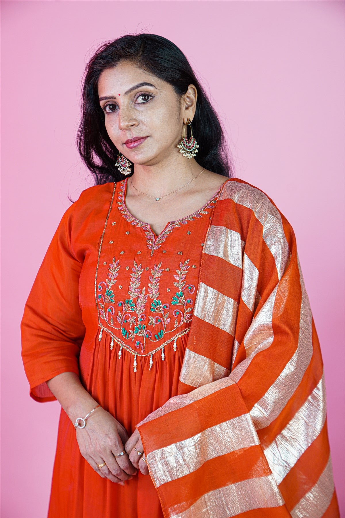 Mul Chanderi Solid Rust Orange Kurti Set With Dupatta